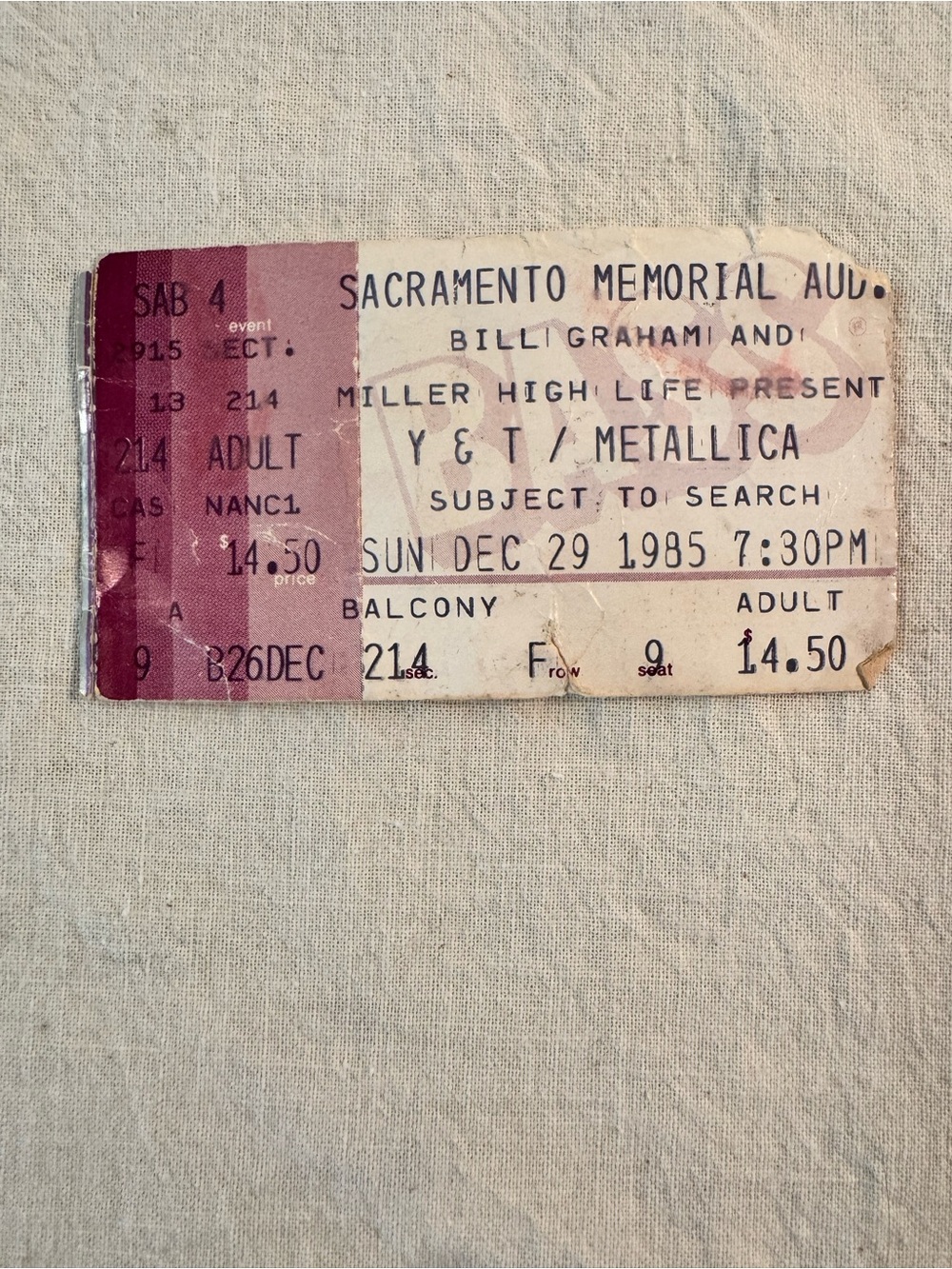 Vintage 1985 Metallica Y&T Sacramento Concert Memorabilia Ticket Stub Rare